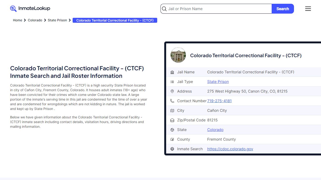 Colorado Territorial Correctional Facility - (CTCF) Inmate Search, Jail ...